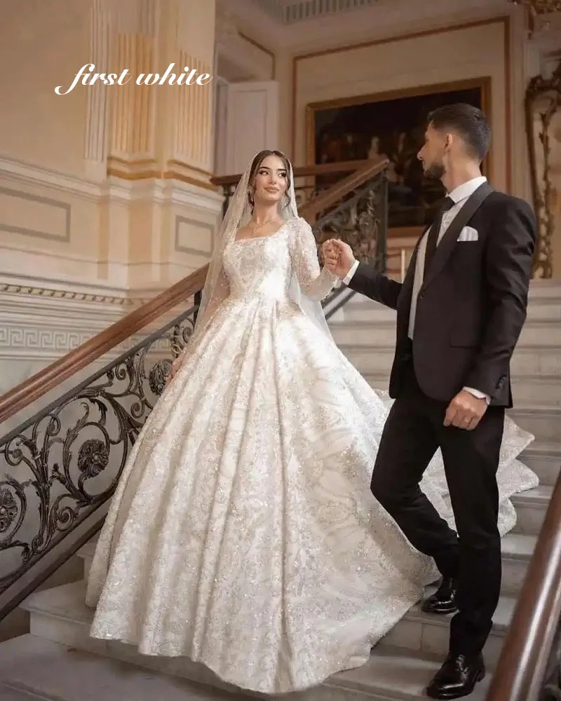 Vestidos de novia con cuentas de lujo personalizados, vestidos de boda de manga larga con escote cuadrado, Vestido Blanco para mujer, Vestido de novia con capilla