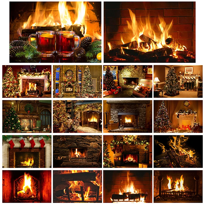 New Year Christmas Tree Gift Photo Old Brick Fireplace Background Photography Backdrop Photocall Studio Party Home Decoration