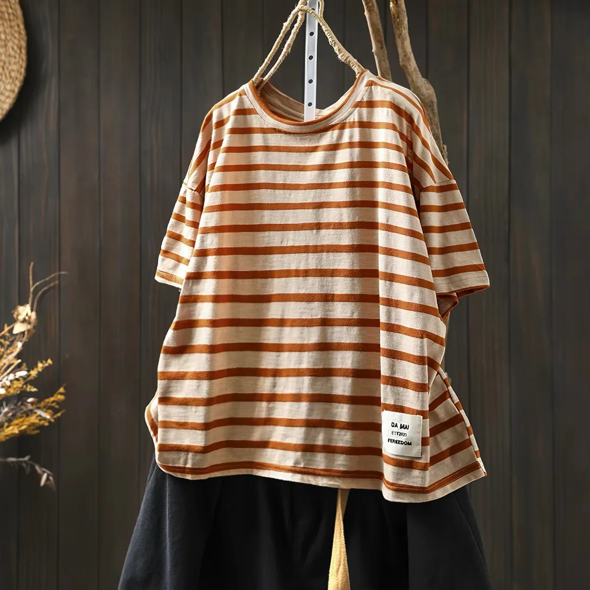 2026 Women's Harajuku Fashion Cotton Striped Short Sleeve T‑Shirt Vintage Loose Fit Crew Neck Casual Summer Tee Top with Label P