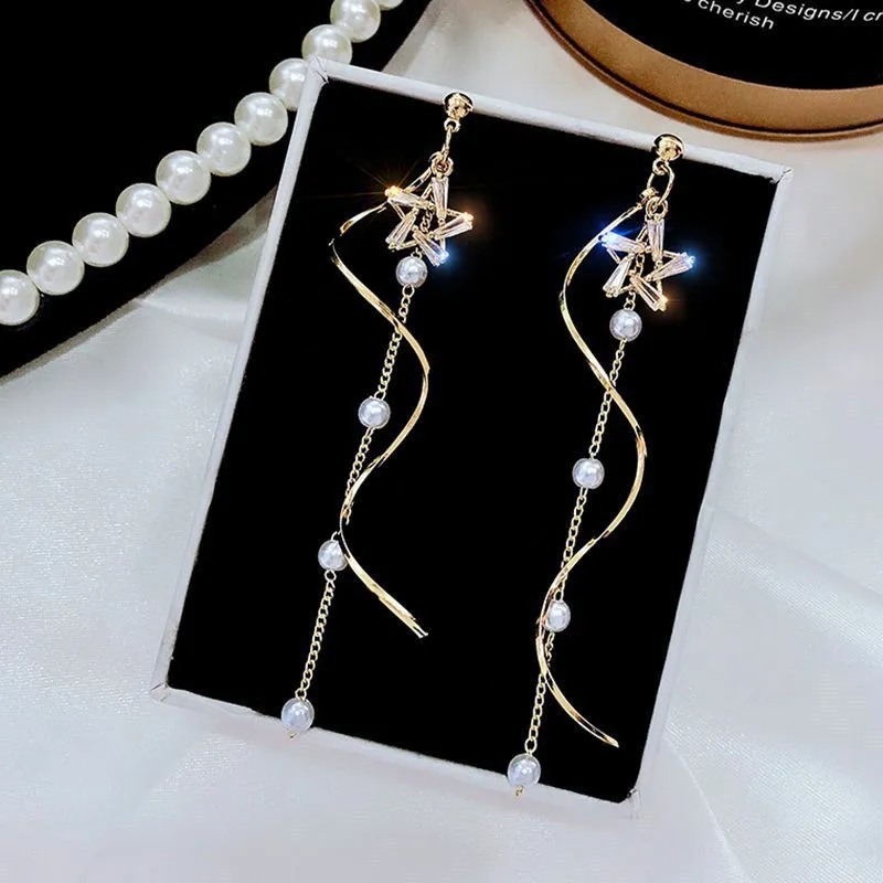 Light Luxury Zircon Star Pearl Wave Long Tassel Earrings Women Temperament Fashion Jewelry Dainty Gifts image 6