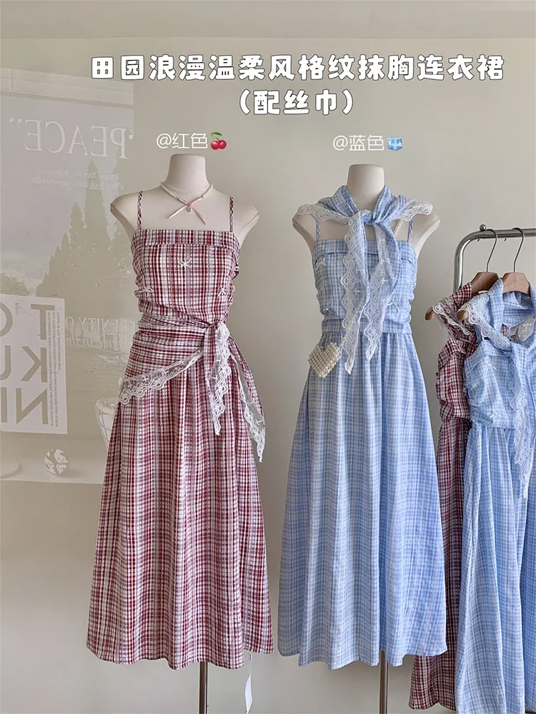 Summer French Vintage Mori Girl Long Plaid Dress Women Coquette 2000s Aesthetic Spaghetti Strap One-Piece Frocks Cottage Core