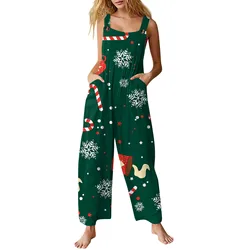 Cute Print Sleeveless Jumpsuit For Women Christmas Printed Loose Versatile Sling Rompers Wide Leg Jumpsuit With Pocket