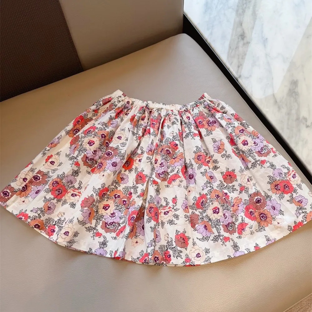 

Summer Girls' Set kids girls clothes Flower wreath pattern printed short sleeved T-shirt and printed pattern short skirt