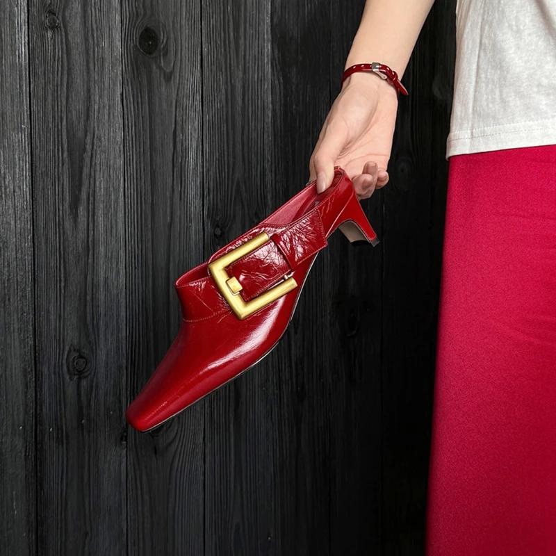 

NEW Summer Women Mules Genuine Leather Shoes for Women Square Toe High Heel Shoes Cover Toe Belt Buckle Sandals Fashion Slippers