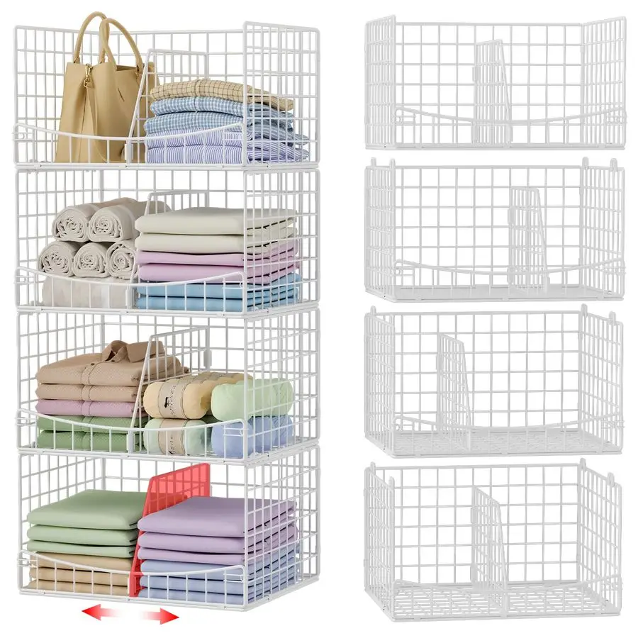 

4-уровневые штабелируемые органайзеры для шкафов и корзины для хранения, складные системы органайзера для полки для одежды, свитеров, гардероба C