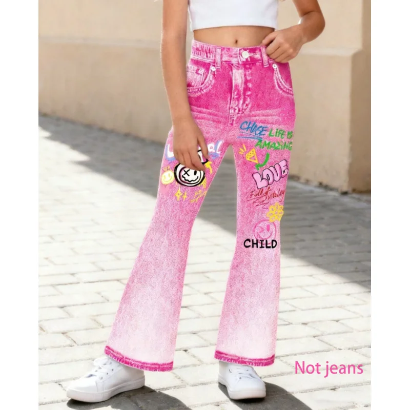 

2025 Hot-selling Girls' Pink Flared Pants Nine-point Pants, Colorful Graffiti Printing, Children's Cute Casual Imitation Jeans