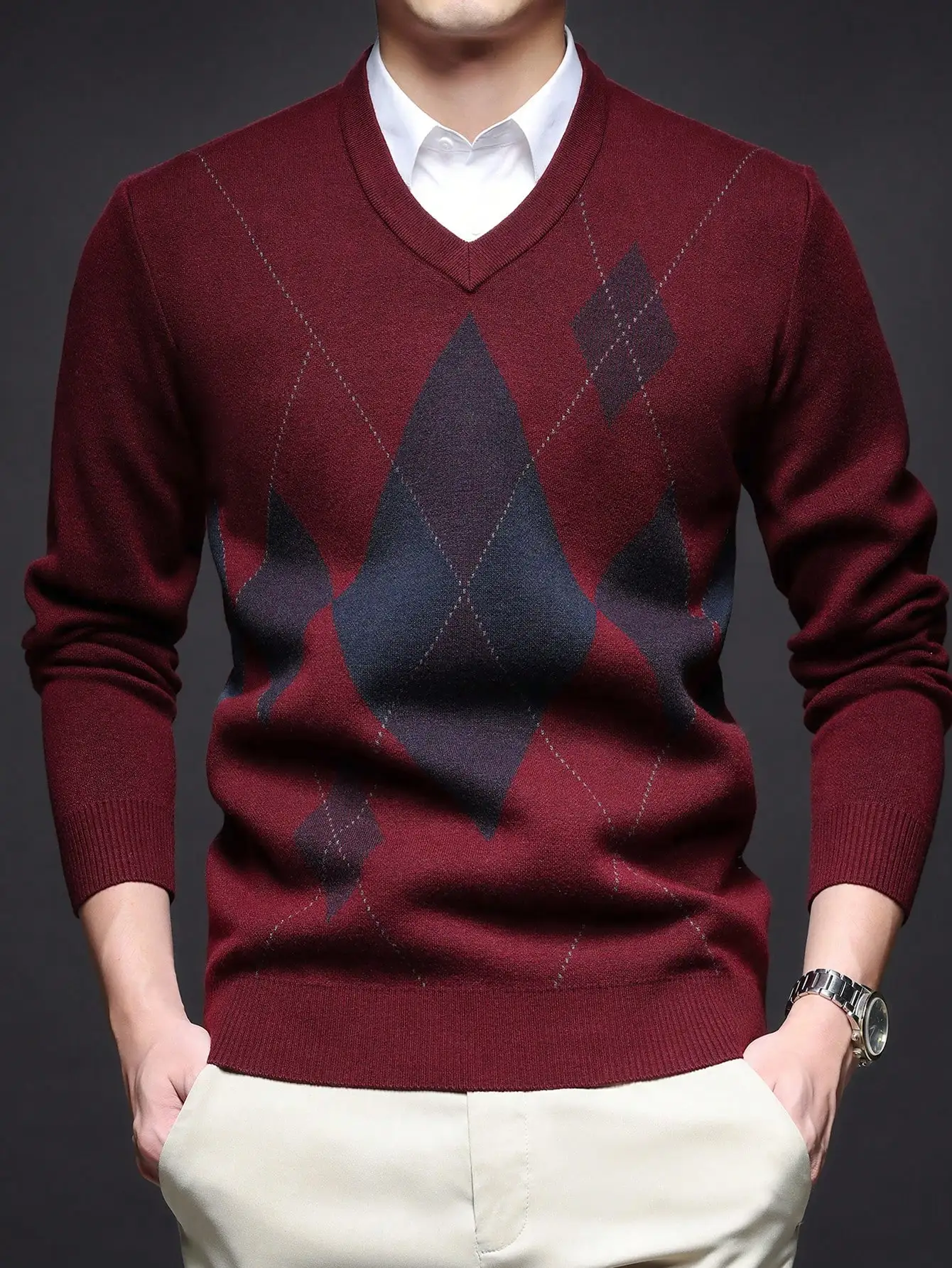 

Men's V-Neck Argyle Pattern Knit Sweater, Business Casual Long Sleeve, Warm Winter Layering Top