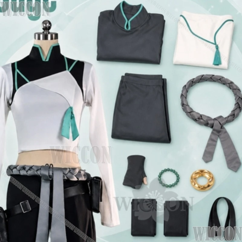 Nouvelle tenue cosplay Sage VALORANT, haut court à manches longues chinois, pantalon, boucles d'oreilles, bague, perruque pour Halloween, fête, festival, Comic Con