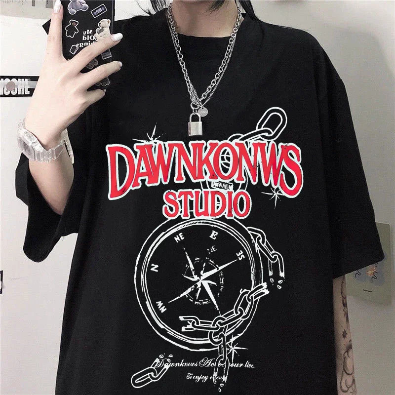 Man T-shirt Funny Cartoon Letter Print Women Top Summer Harajuku Y2k Gothic Streetwear Casual Round Neck Short Sleeve