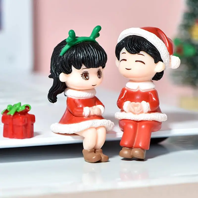 2Pcs Mini Christmas Couple Figurine Doll Garden Decor Ornament Kid Toy Miniature Landscape Ornaments People Statue Resin Craft