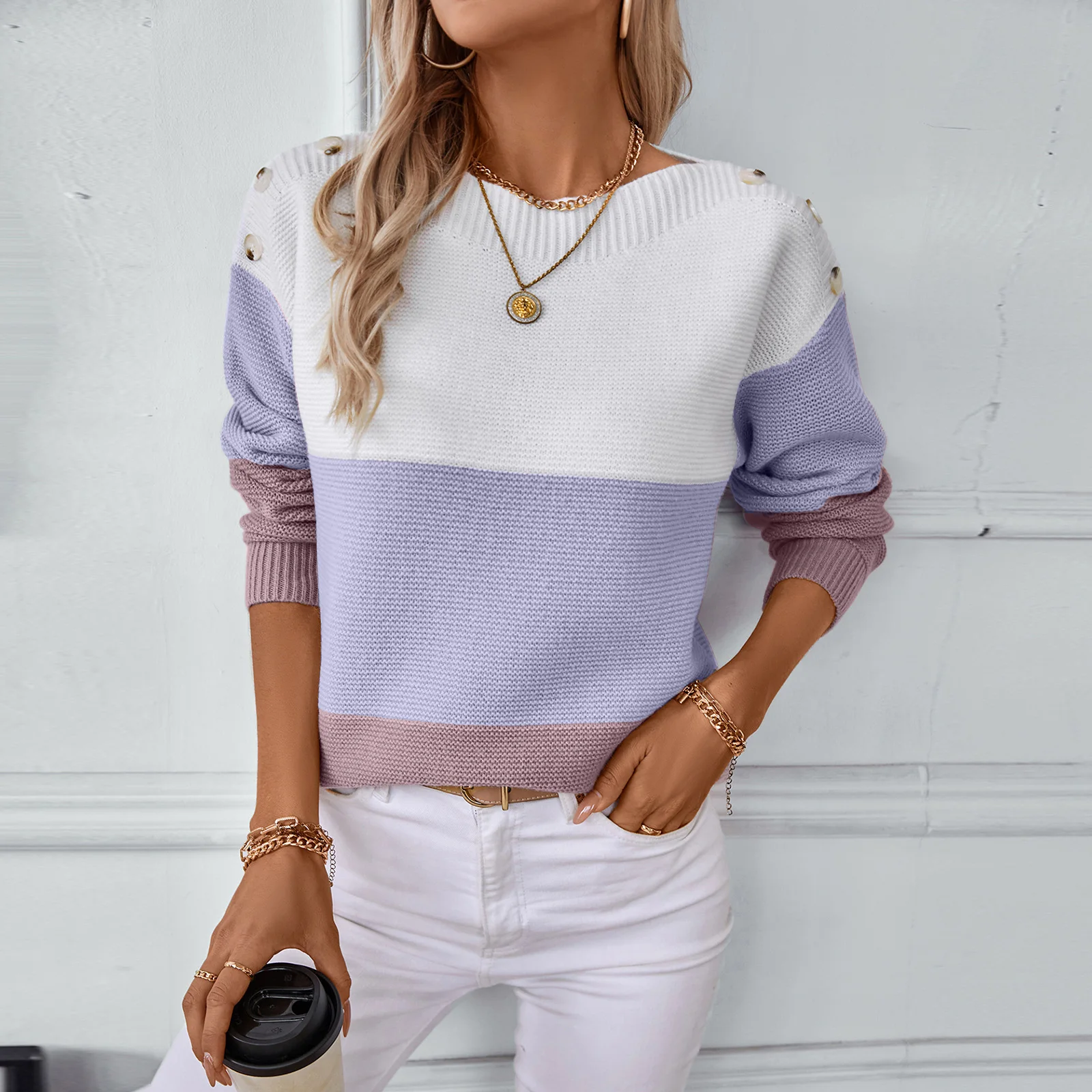 2025 femmes mode décontracté une épaule bouton pull tricot Cardigan contraste couleur pull à manches longues pull ample