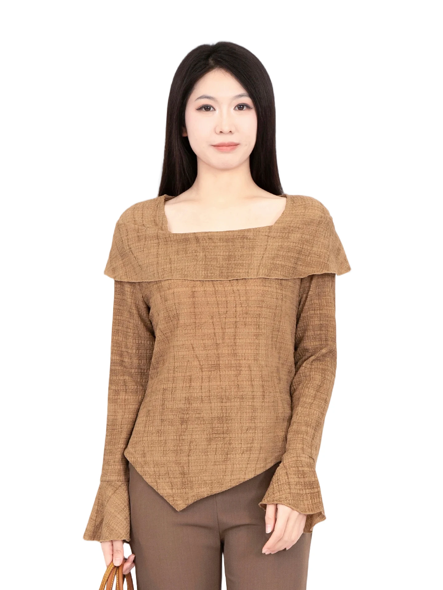 

Spring New plus Size Khaki Women's Base Shirt Bell Sleeve Texture Irregular Flared Top Comfortable Breathable Polyester Fiber