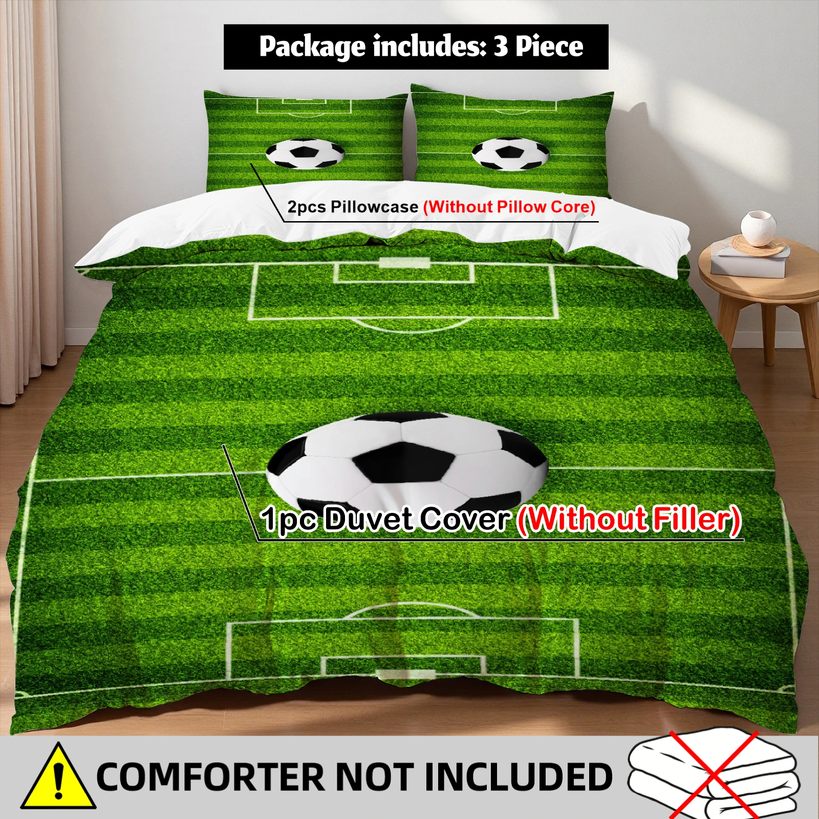 

Soccer Field & Ball Duvet Cover Set 2 Pillowcases for Teen Boys Bedroom, Green Football Pitch Decor Bedding Set Twin Queen King