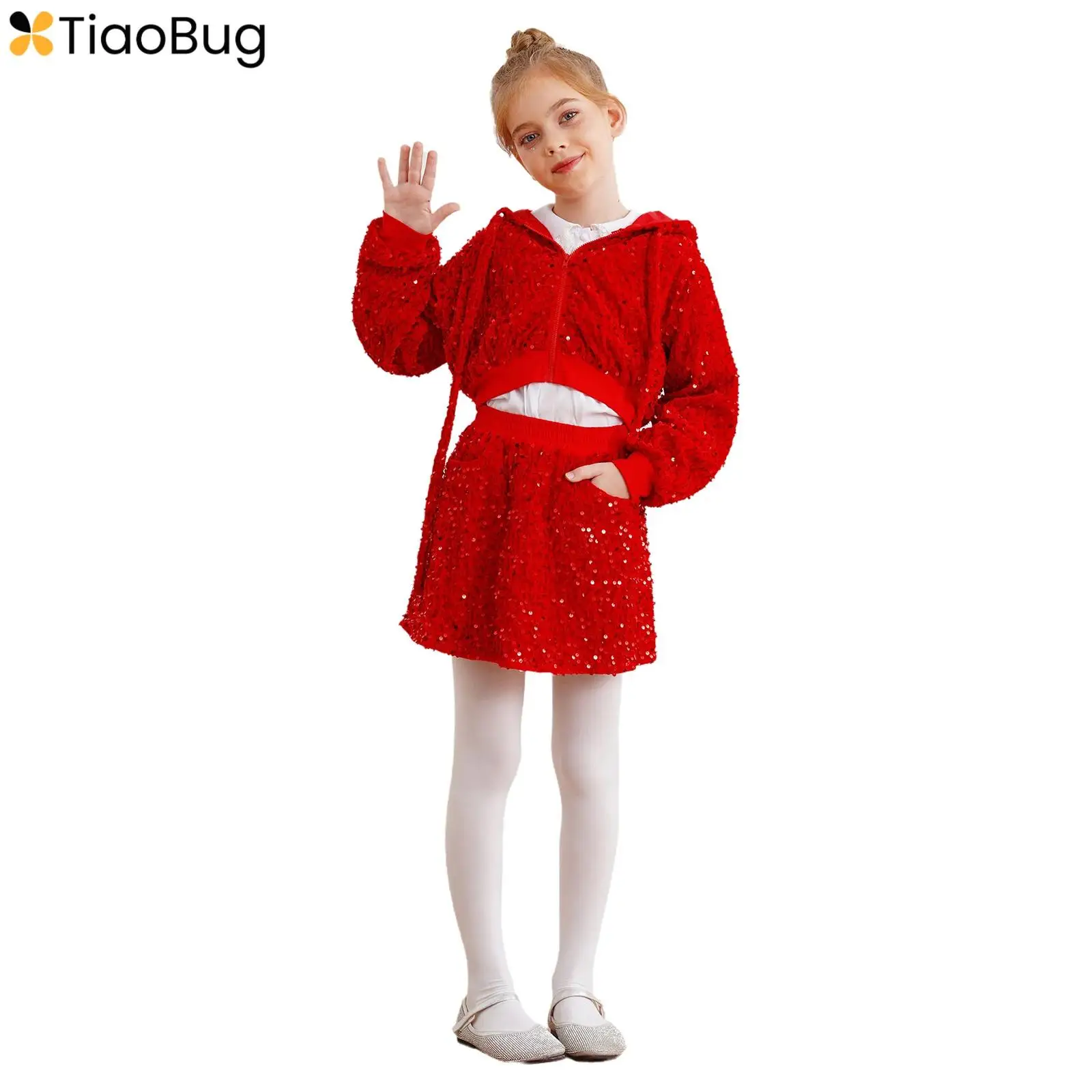 

2Pcs/Set Kids Girls Christmas Costumes Velvet Sequins Long Sleeve Drawstring Hooded Jacket Coat+Pants for Jazz Dance Performance