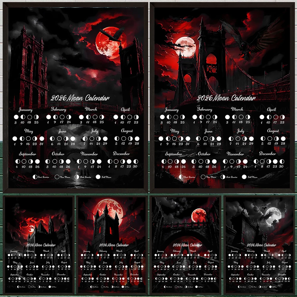 2026 Lunar Calendar Gothic Wall Art Canvas Painting,Vampire Castle & 2026 Blood Moon Phase Calendar Poster Print,Home Decor