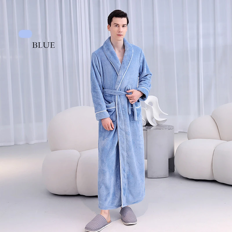 Super Long Thick Warm Flannel Bathrobe Large Lapel Ankle Length Coral Fleece Bath Robes Women Soft Dressing Gown Lovers Winter