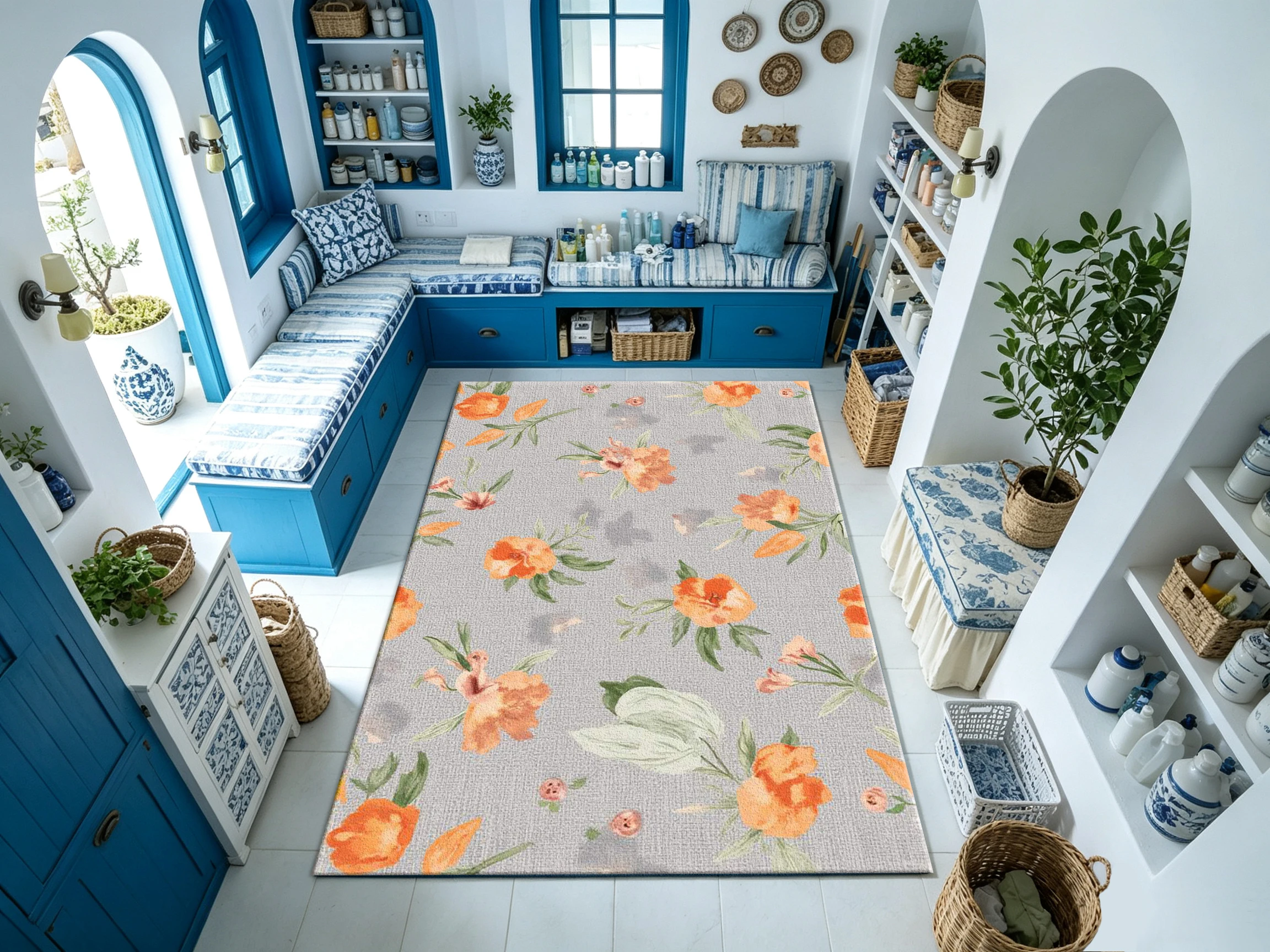 Watercolor Orange Floral Plant Carpet Floor Soft Vintage Floral Home Carpet Suitable for Living Room Bedroom Interior Decoration