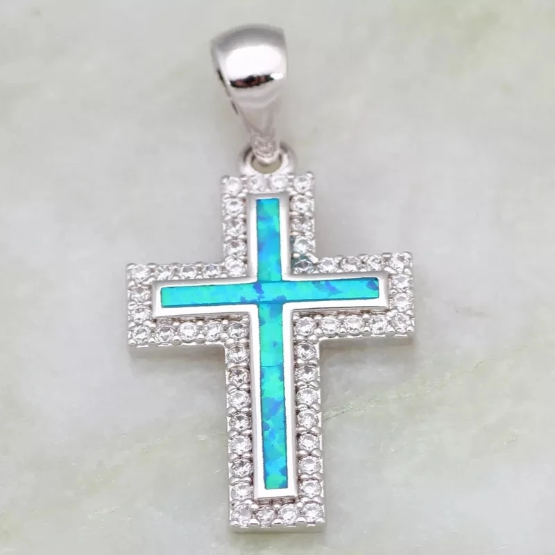 

JLP2356 Elegant silver Blue Opal Cross Pendant necklace AAA Cubic Zircon fashion Jewelry for Women Gifts