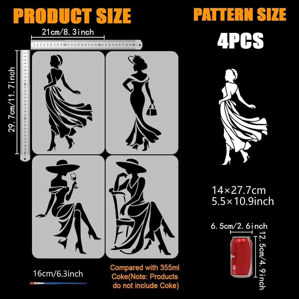 4PCS Elegant Woman Painting Stencil with Paint Brush 8.3x11.7inch Woman Silhouette Drawing Template Dress Chair Glass Handbag