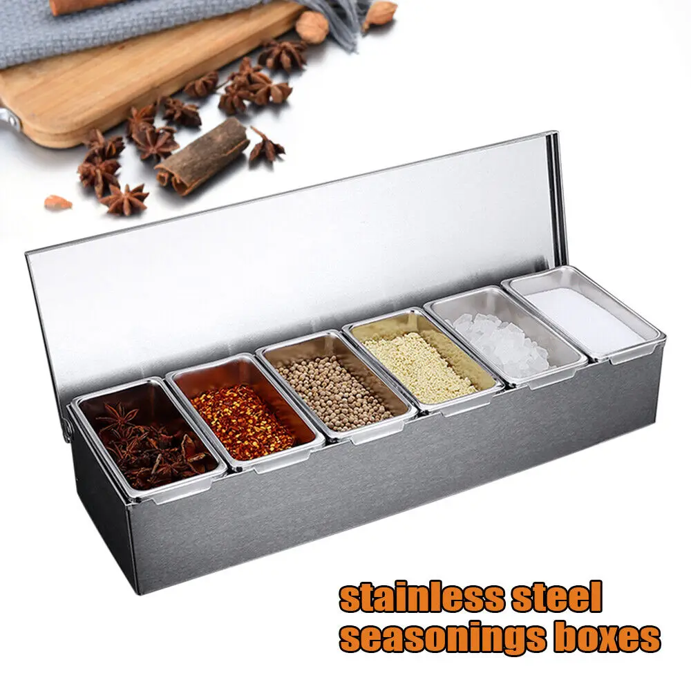 NONE Zutatbehälter aus Edelstahl mit 6 Einlagen, Zutatbox, Grillgeschirrbehälter mit Deckel für Bar, Zitronen, Obst, Oliven 3