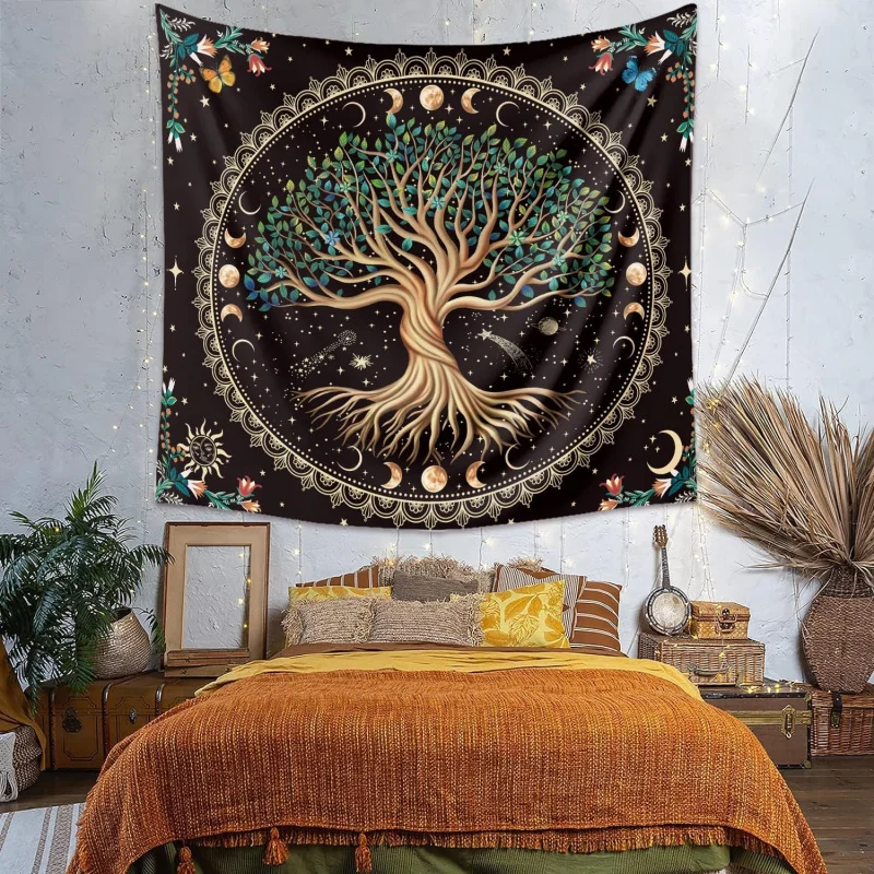 VIKAMA Moon Phase Life Tree Tapestry, Natural Flower Plant Butterfly Tapestry, Bohemian Mandala Spirit Tapestry, Wall Decoration