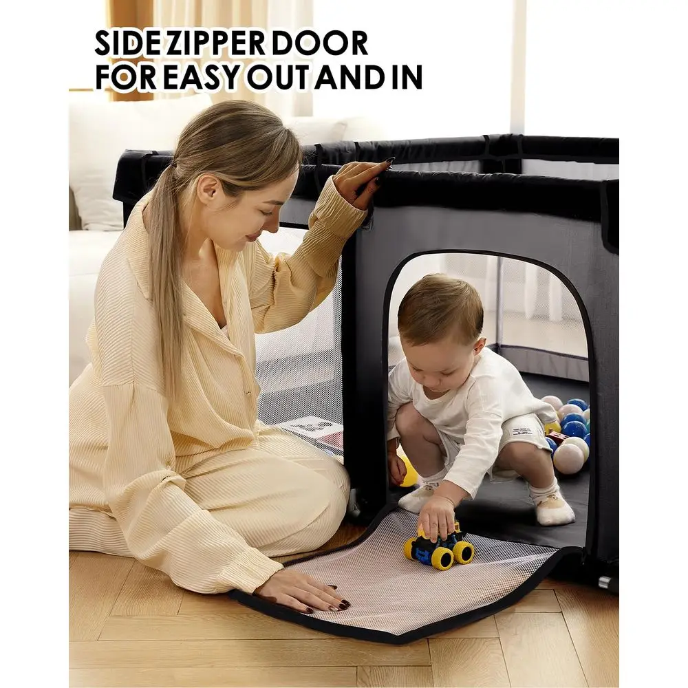 Extra Large 71x59 Baby Playpen with Steel Frame, Toddler Activity Center, Safety Gate, and Toys (Black)