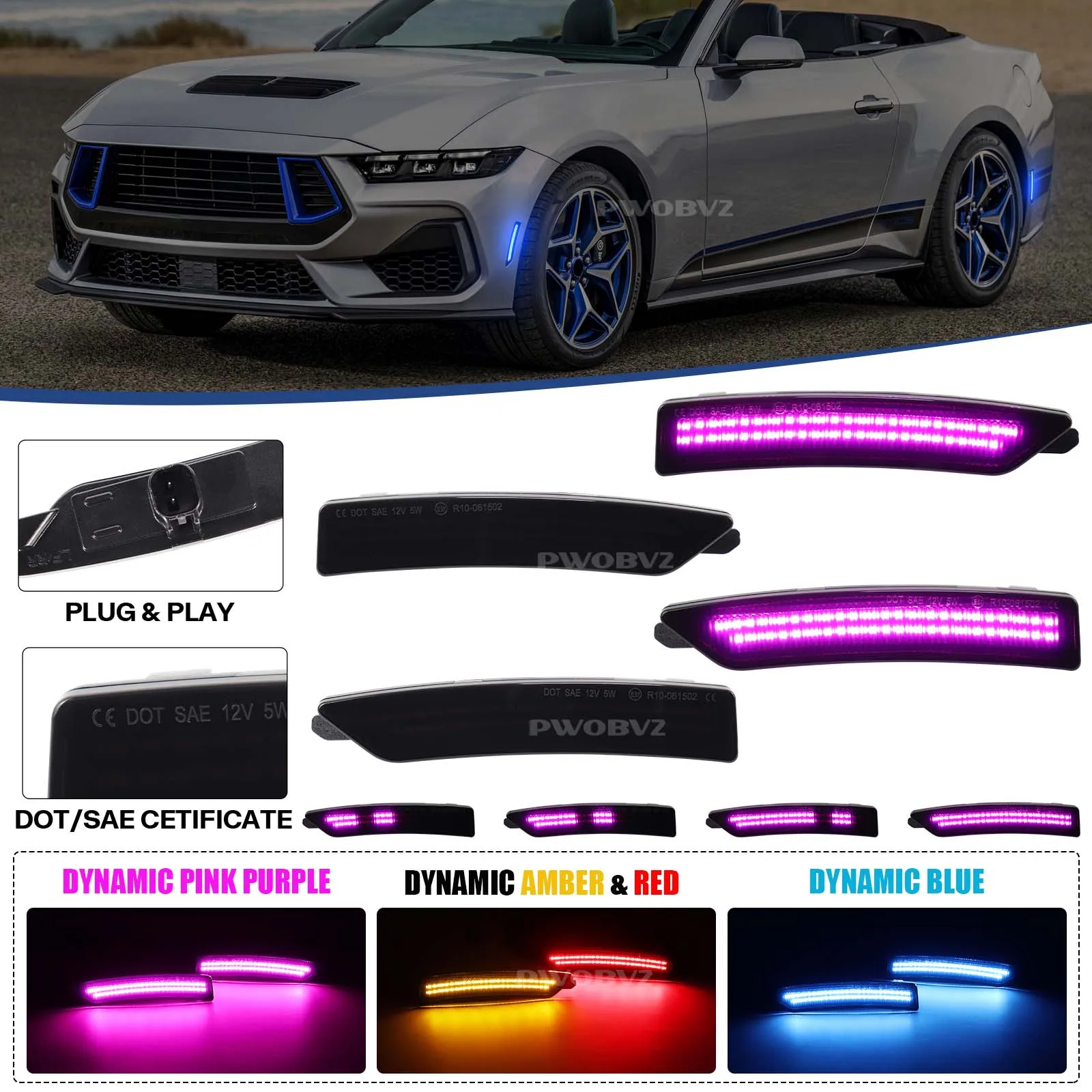 

4 шт. светодиодные передние янтарные и задние красные габаритные огни для бампера и крыльев для Ford Mustang 2024-2025