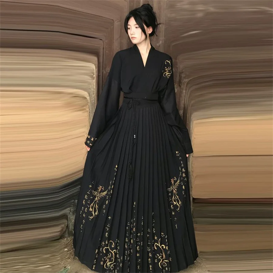 

Chinese Traditional Hanfu Dress Women Black Jacquard Long Sleeved Top Phoenix Print Horse Faced Skirt Elegant Evening Dresses