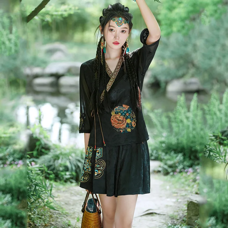 Stile etnico Tang Suit Top a-line Shorts cinese tradizionale migliorato Hanfu Retro ricamo Cardigan elegante abbigliamento classico