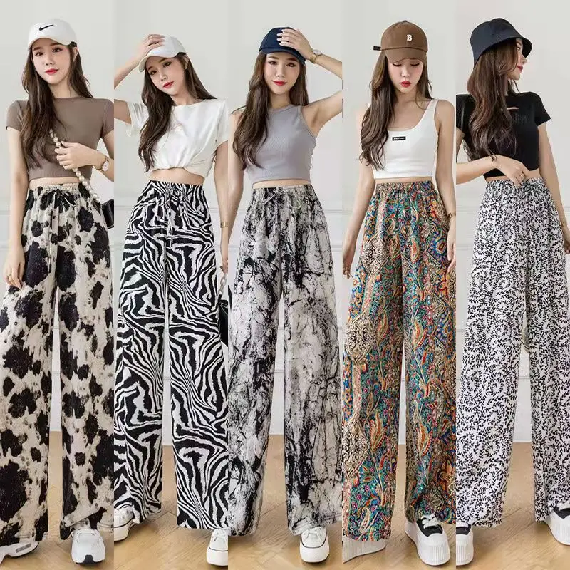 

Summer Thin Black White Pattern Leopard Women's Casual Pants Cool Silk High-waist Stretchable Wide-leg Pants Wholesale