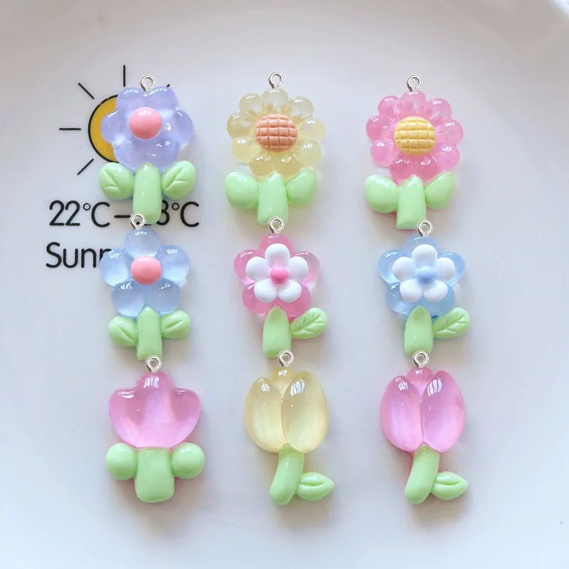 10Pcs Cute Flower Planar Resin Charms Hanging Loop Pendants for Children DIY Jewelry Making Keychain Bag Garment Art Decoration