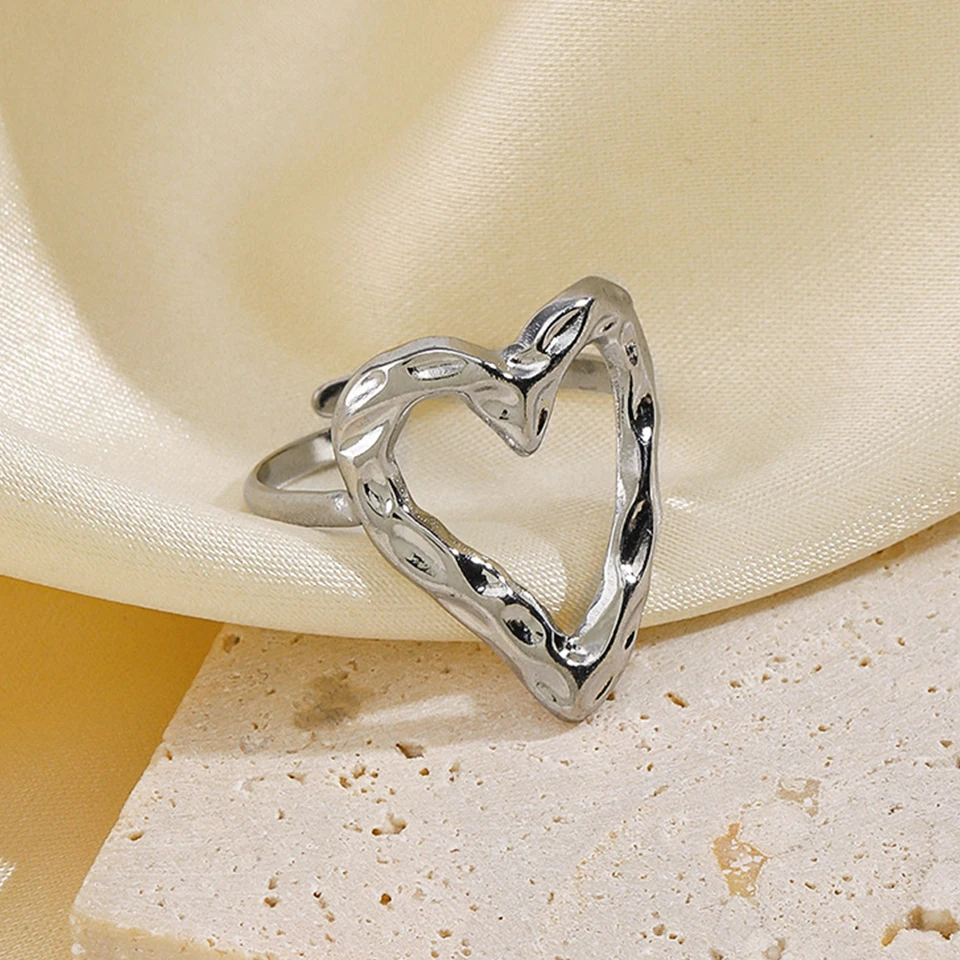 ZAKOL Stainless Steel Irregular Hollow Heart Open Ring for Women Fashion Charm Adjustable Open Ring Party Jewelry image 4