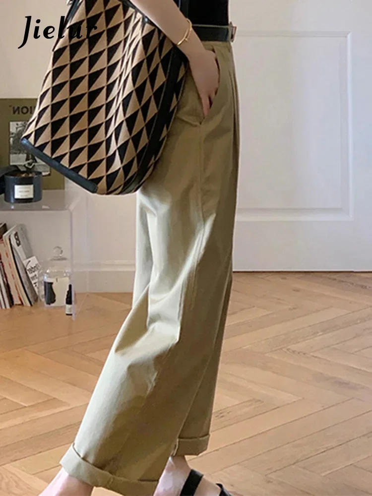 Jielur ارتفاع الخصر الأصفاد المستقيمة الإناث بنطال ذو قصة أرجل واسعة موضة بسيطة الأساسية ملابس العمل بلون الصيف الكاكي شيك سراويل نسائية