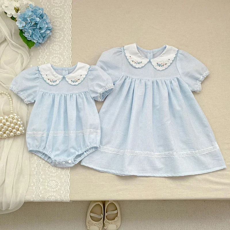 2026 New Summer Sister Clothing Kids Princess Dresses 2-6Yrs Girl Party Dress Short Sleeved Cotton Embroidery Splicing Romper