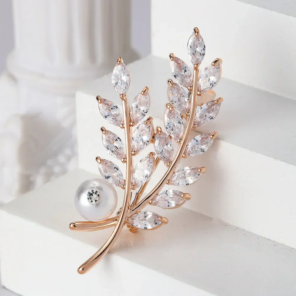 

fashion Crystal glass olive branch brooch for women luxury Pearl branches corsage brooches coat Suit pins accessories Jewelry