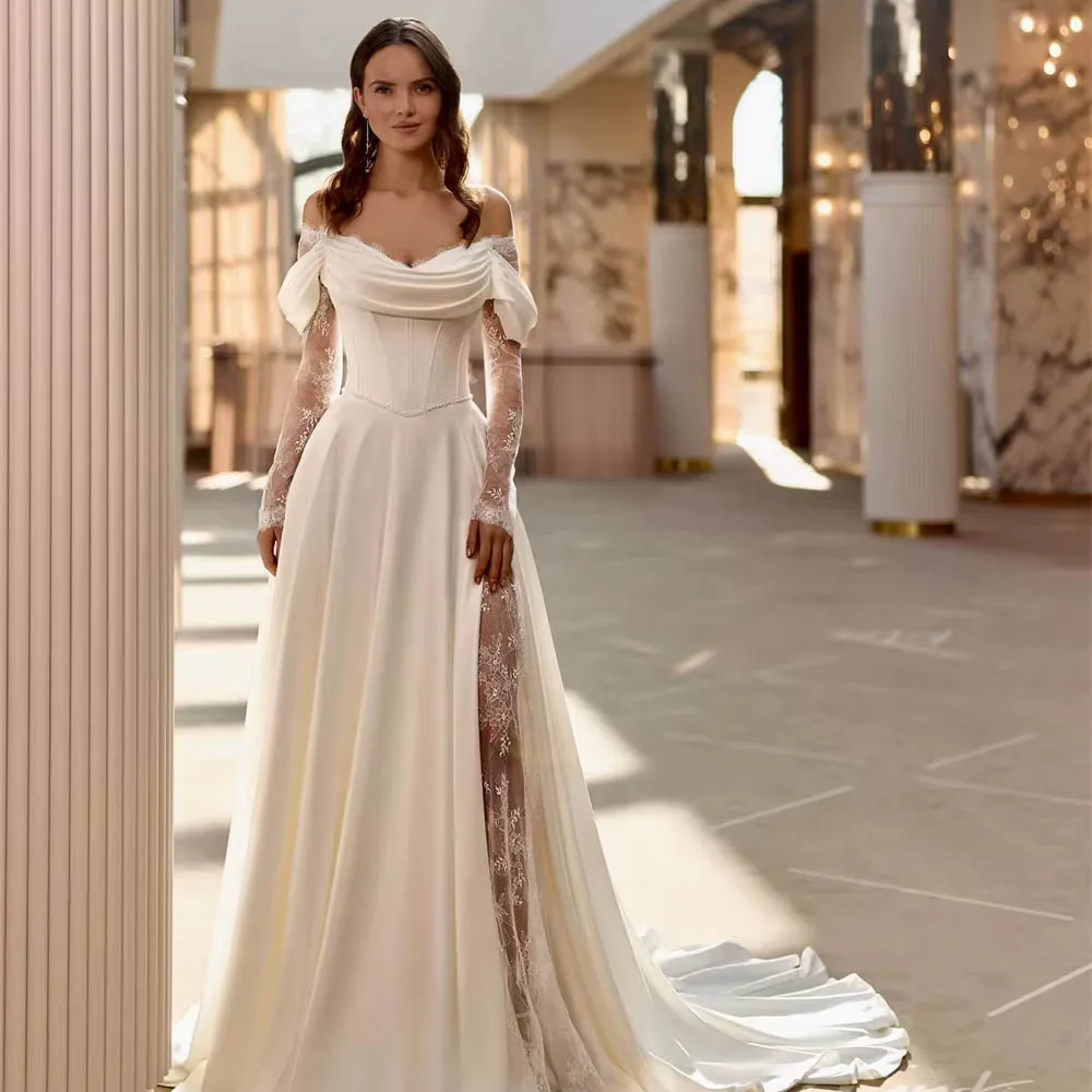 Elegancka suknia ślubna na zamówienie dla panny młodej, satynowa, w stylu boho, z dekoltem w serduszko, długie rękawy, miękka linia A, tren dworski, suknia ślubna typu vestido.