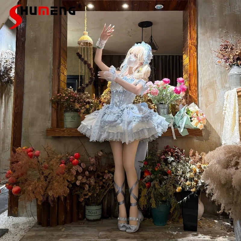 

Original Elegant Sweet Ballet Style Princess Party Mini Dress Beaded Chain Bow Tail High Waist Puffy Lolita JSK Dress for Women