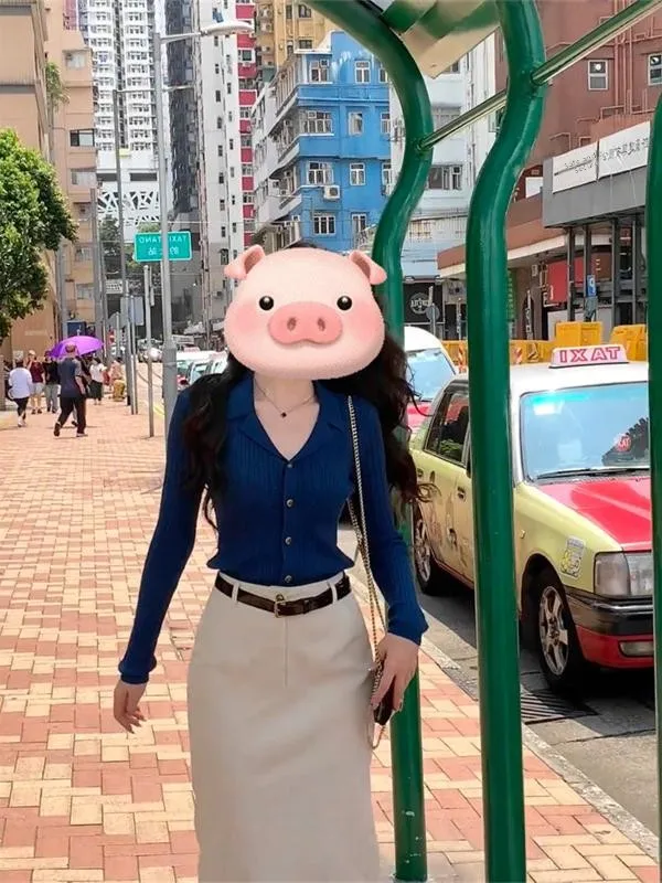 Faionable Blue Sister Set Women's Ele f-length Skirt And Top Ensemble Autumn Casual Sle Long Sve V-ne Button ...