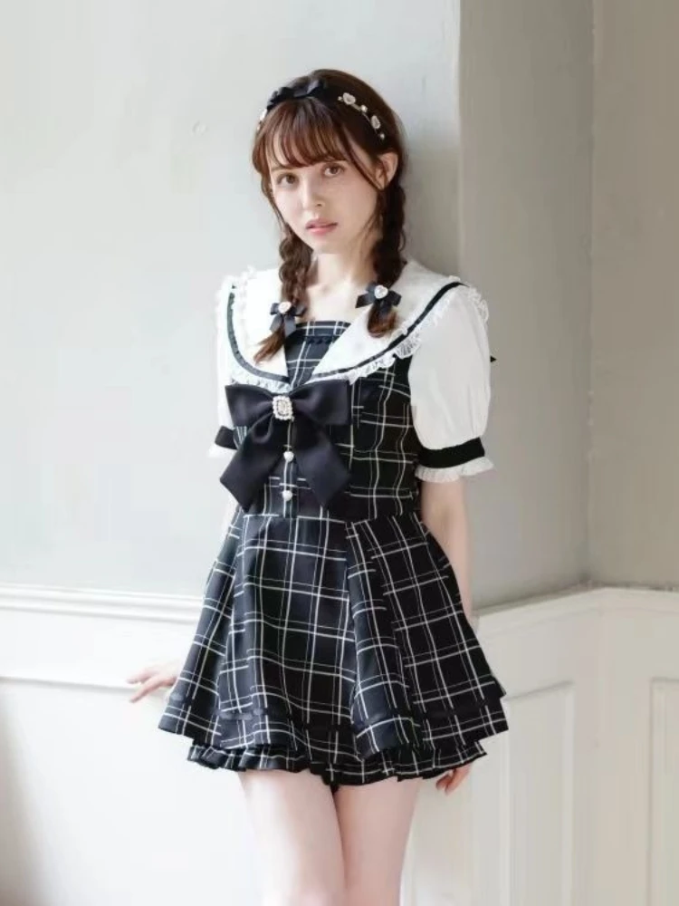 

Japanese Fake Two Pieces Plaid Dress Women Lace Patchwork Fairy Grunge Puff Sleeve Dresses Y2k Aesthetic JK Sweet Bow Vestidos