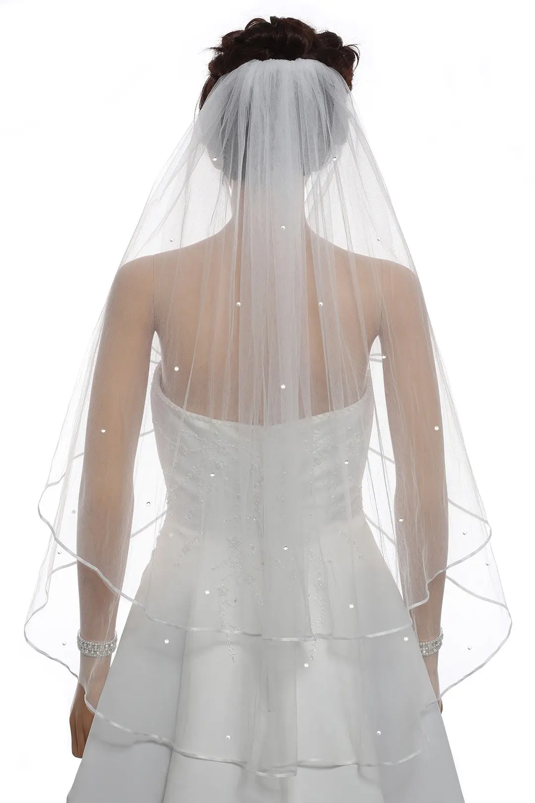2T 2 Tier  Ribbon Edge Center Gathered Rhinestone Crystal Bridal Veil 2023