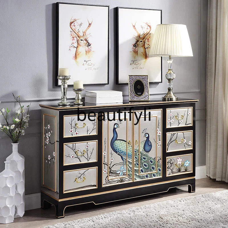 New Chinese-style dining side, entrance cabinet, American-style painted furniture, peacock screen partition cabinet