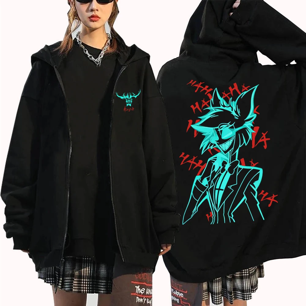 أنيمي Alastor Hazbin فندق قلنسوة بسحاب رجل امرأة Harajuku كم طويل البلوز القمم البلوز هدية #2