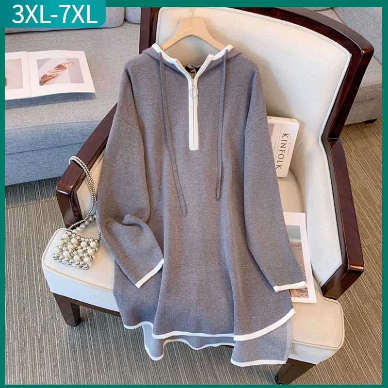 

New 2024 Spring Autumn Plus Size Knit Hoodie For Women Large Long Sleeve Loose Gray Long Sweatshirt Coat 3XL 4XL 5XL 6XL 7XL