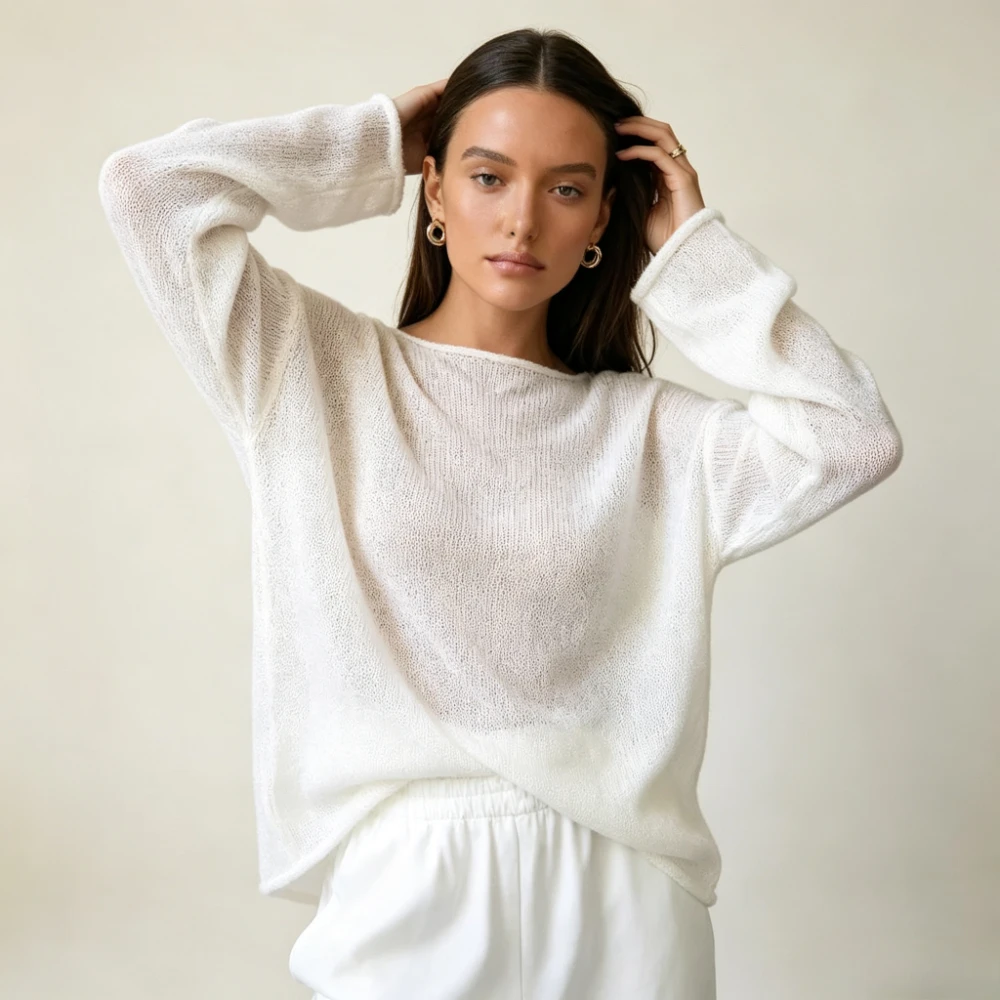 2026 New Women Boat Neck Sheer Mesh Knit Sweater White Oversized Loose Long Sleeve Lightweight See Through Casual Pullover