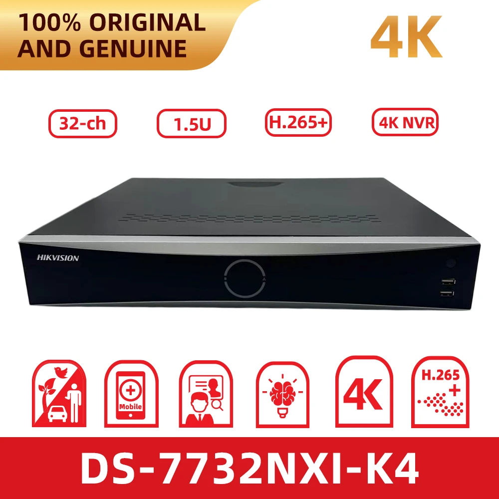 

Hikvision DS-7732NXI-K4 32-канальный 4K NVR с 4 SATA, AcuSense AI, обнаружением людей и транспортных средств, сравнением лиц, двумя гигабитными LAN-портами, 1.5U, для монтажа в стойку