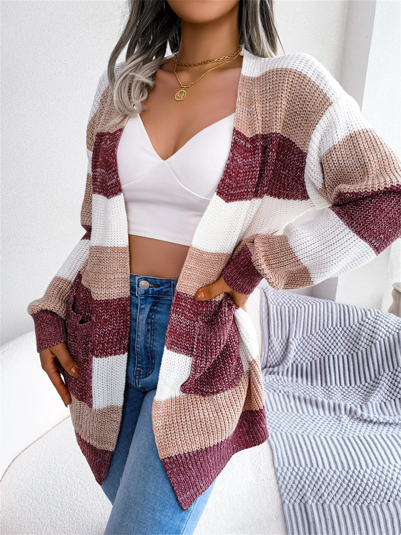 Women's Winter Colorblock Striped Cardigan Puff Sleeve Open Front Coat with Patch Pockets Casual Knit Sweater Jacket Top