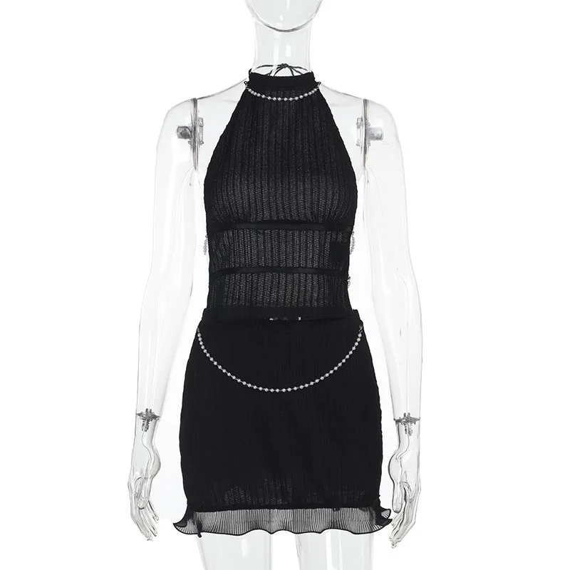 Wq25041 verão sexy pérola corrente pendurado pescoço sem costas conjunto meia saia superior
