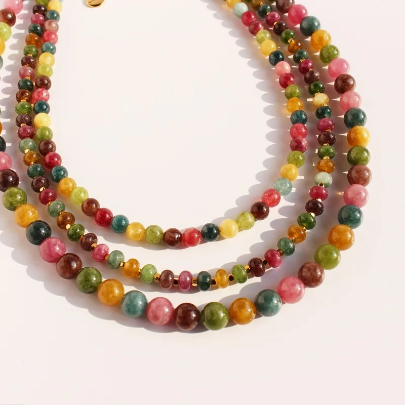 

2025 New Arrival Autumn Winter Sweater Chain Rainbow Color Natural Tourmaline Stone Beaded Strand Necklace Temperament Bracelet