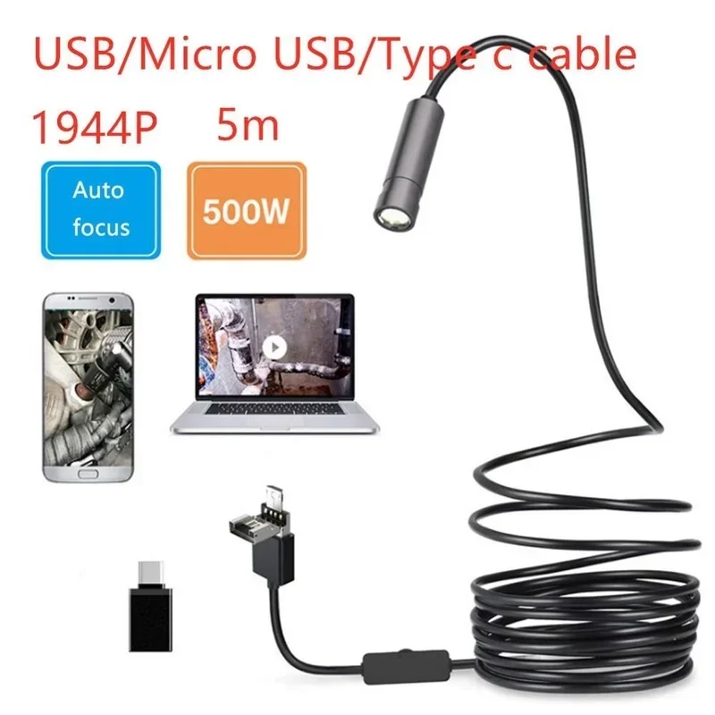 

12.5mm Auto Focus Endoscope Multifunction Soldering 5.0MP Micro Inspection Borescope Camera 5m Waterproof Semi-Rigid Snake Cable