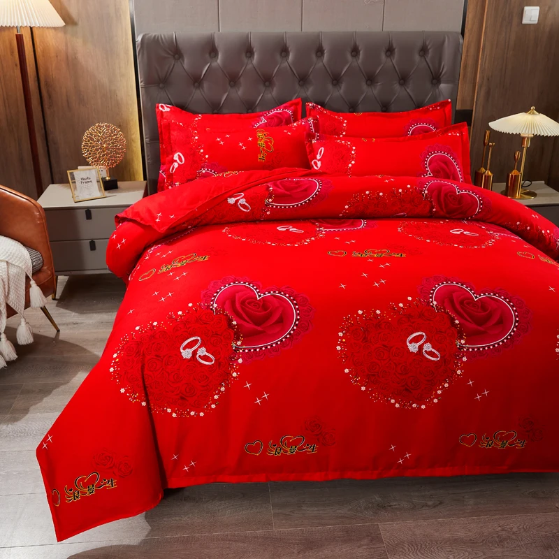 Rose Flower Duvet Cover Set Romantic Love Heart Print Bedding Set Reversible Quilt Cover for Valentine's Day Marriage Room Decor